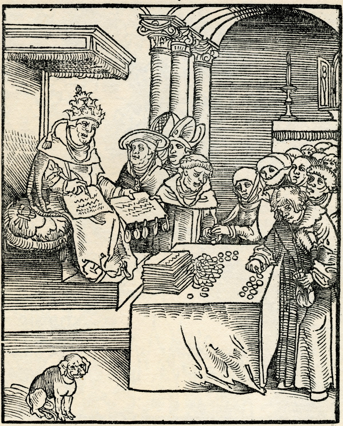 Der Papst als Antichrist bei der Ausfertigung von Ablassbriefen. Holzschnitt von Lucas Cranach d.Ä., 1521
