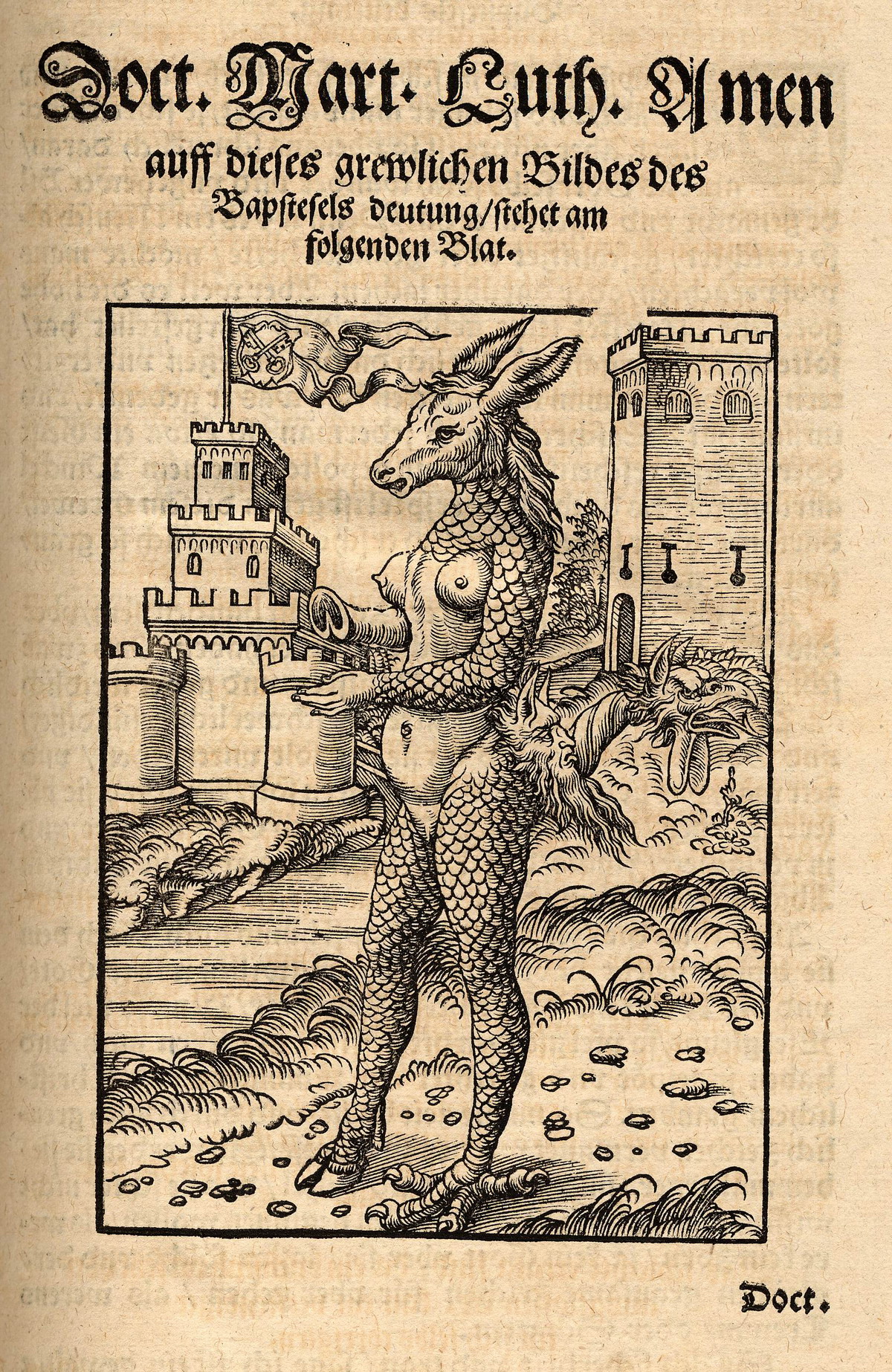 Der "Papstesel zu Rom". Holzschnitt von Lucas Cranach d.Ä. zu einer antipäpstlichen Flugschrift von Luther und Melanchton, 1523