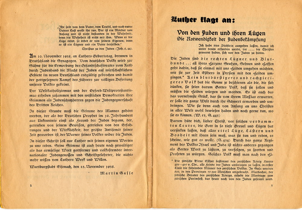 Landesbischof Martin Sasse (Thüringen),  Martin Luther über die Juden:  Weg mit ihnen!, November 1938 [Originalschrift]
