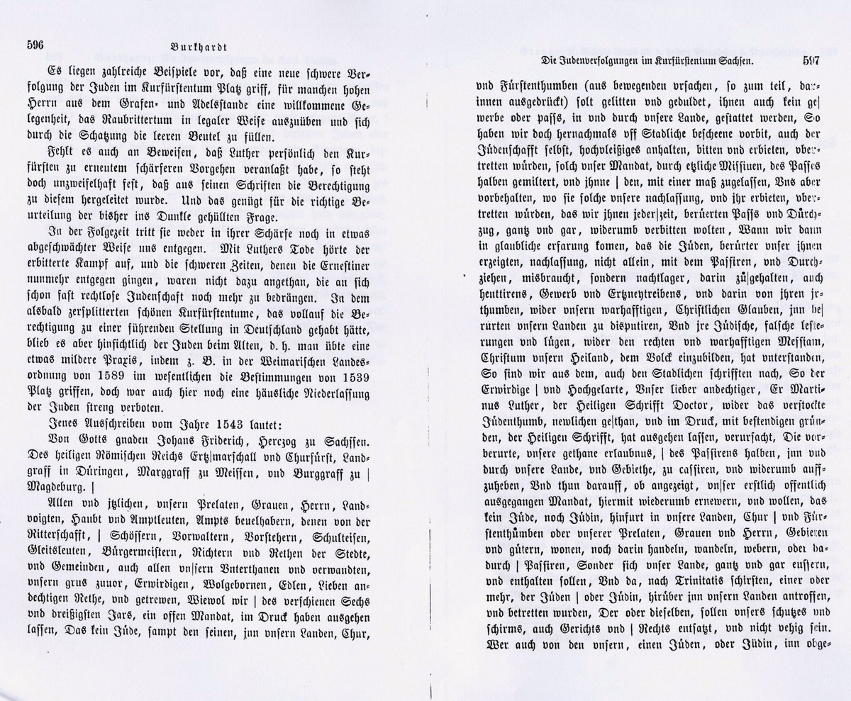Burckhardt, Die Judenverfolgungen im Kurfürstentum Sachsen von 1536 - 1543, mit "Judenaustreibung" des sächsischen Kurfürsten Johann Friedrich, gegeben zu Wittenberg am 6. Mai 1543