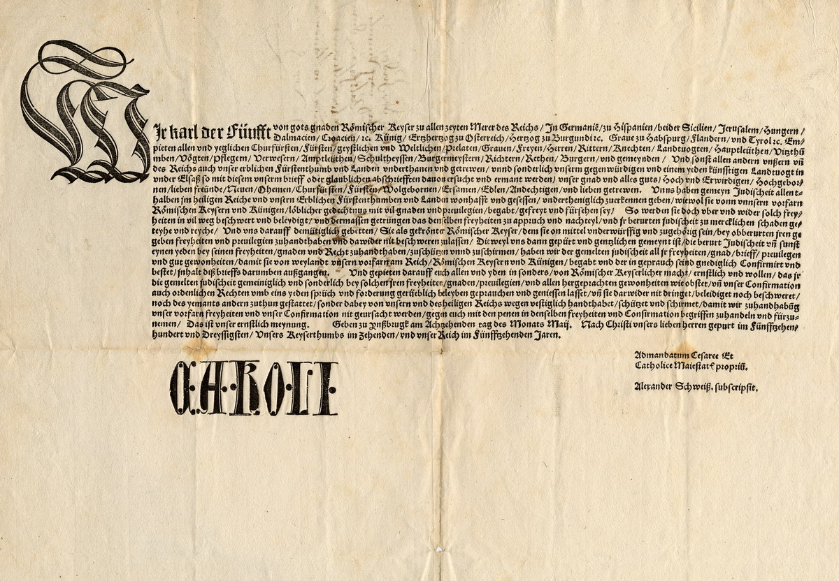 Innsbrucker Judenprivileg Kaiser Karl V.  Der Kaiser bestätigt den Juden im Reich auf ihr Bitten ihre Rechte und Privilegien, Innsbruck, 18. Mai 1530