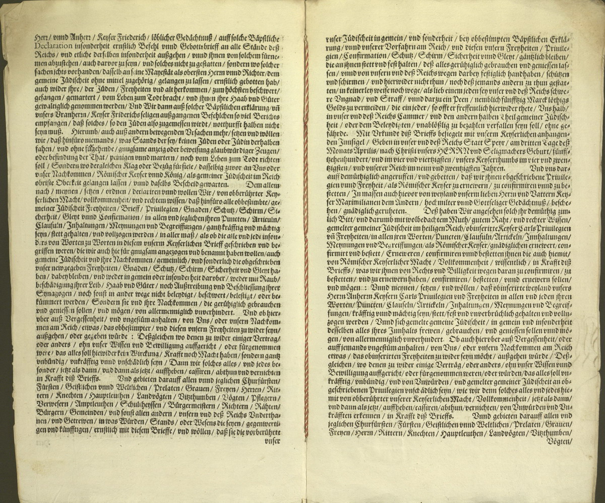 Das Große Judenprivileg Kaiser Karl V., gegeben zu Speyer, 3. April 1544 [Originaldokument mit Regest]