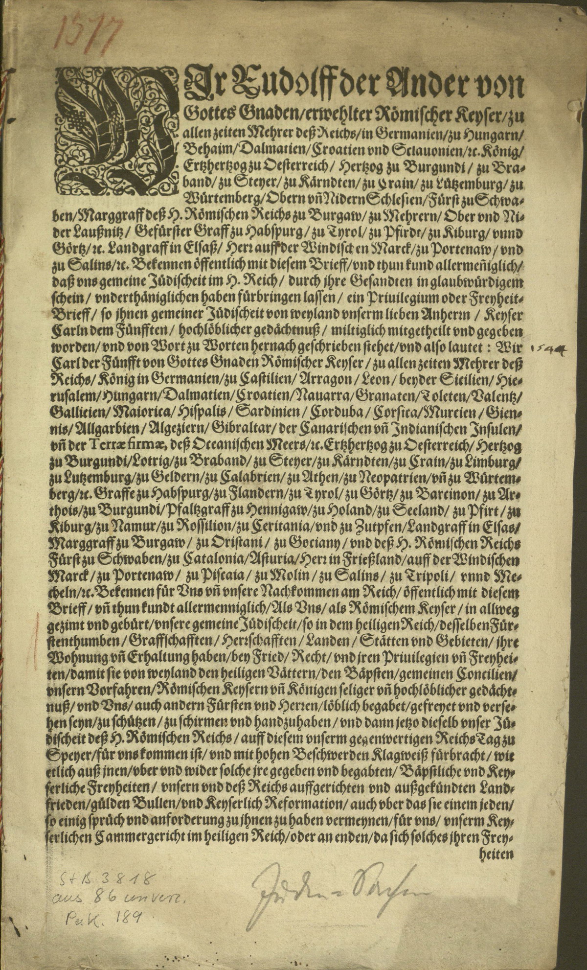 Das Große Judenprivileg Kaiser Karl V., gegeben zu Speyer, 3. April 1544 [ historischer Kontext]