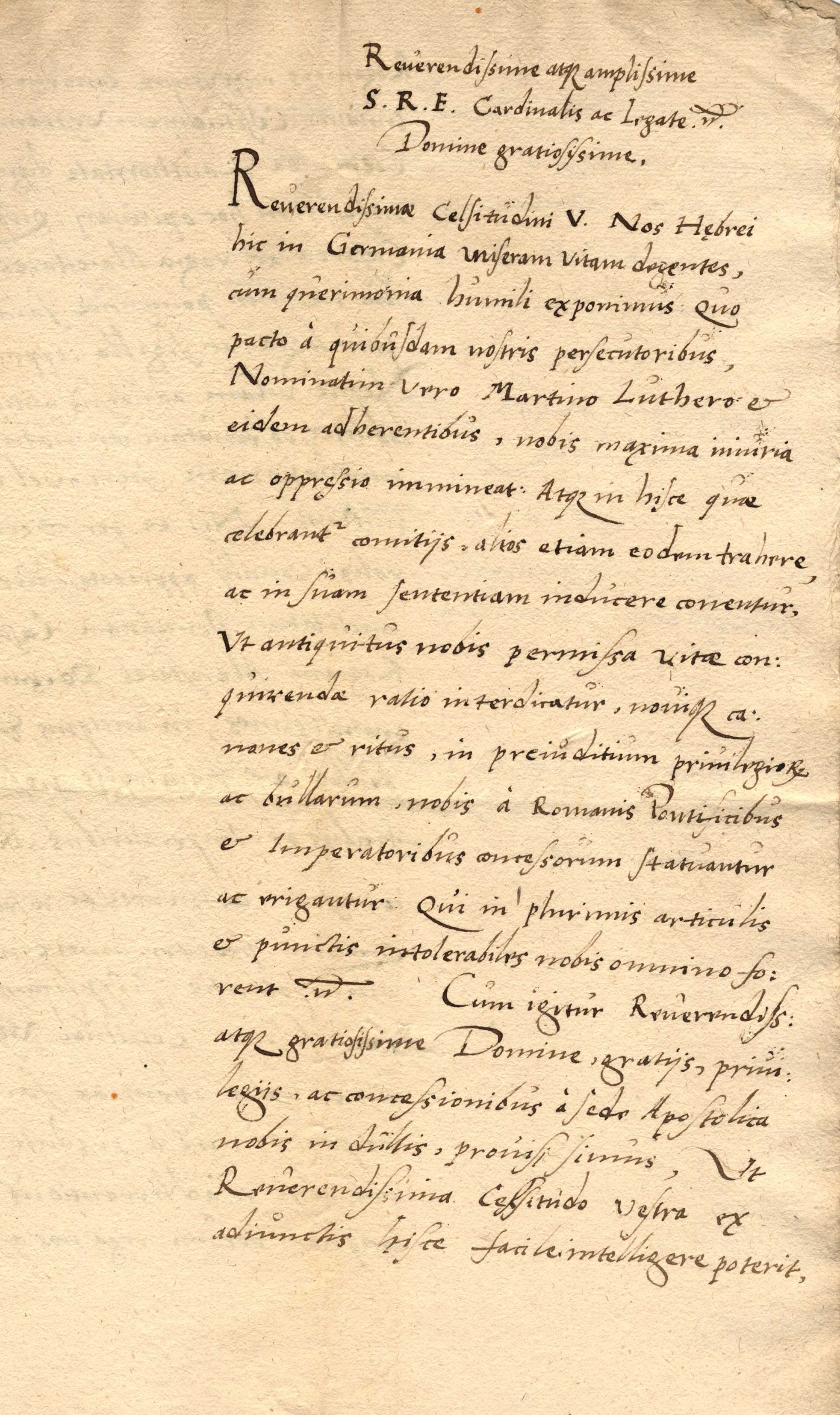 Bittgesuch der Juden im Reich an Kardinal Farnese, den Gesandten des Papst zum Reichstag zu Worms 1545 [Übersetzung]