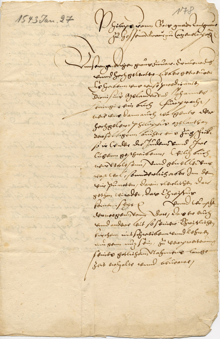 Brief von Landgraf Philipp an Luther mit Stellungnahme zu Luthers "Von den Juden und ihren Lügen" vom 27. Januar 1543