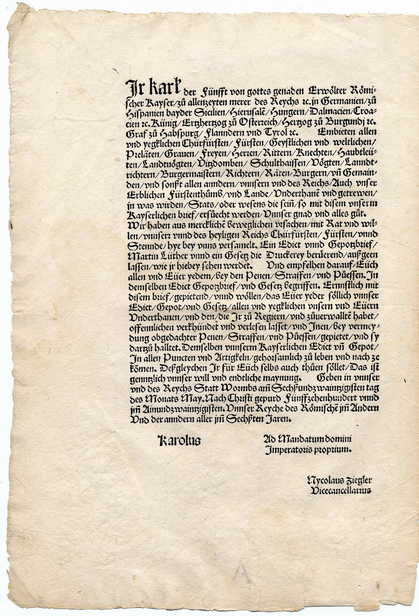 Das Wormser Edikt Kaiser Karls V. gegen Luther, 26. Mai 1521 [Druckfassung 1521 mit Begleitbrief Kaiser Karls V.]