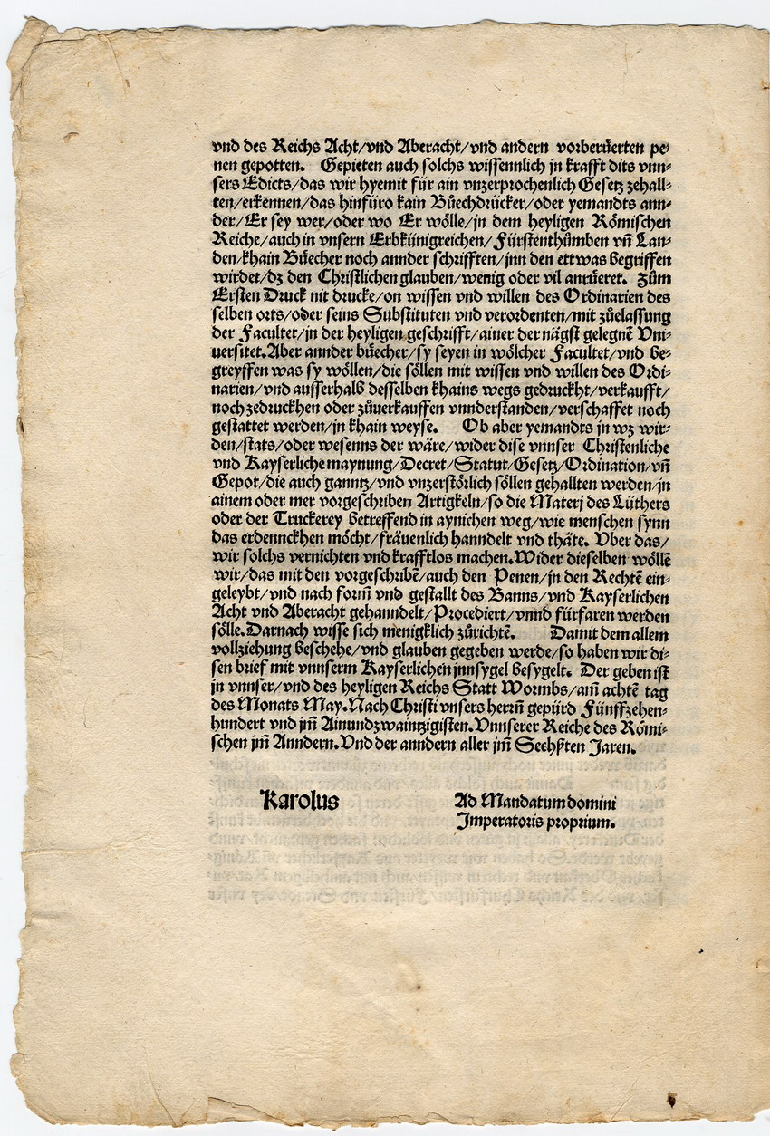 Das Wormser Edikt Kaiser Karls V. gegen Luther, 26. Mai 1521 [Druckfassung 1521 mit Begleitbrief Kaiser Karls V.]