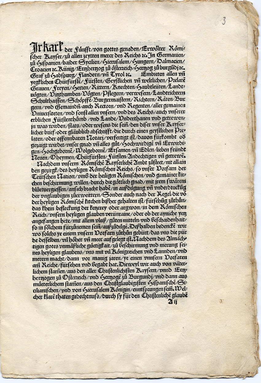 Das Wormser Edikt Kaiser Karls V. gegen Luther, 26. Mai 1521 [Druckfassung 1521 mit Begleitbrief Kaiser Karls V.]