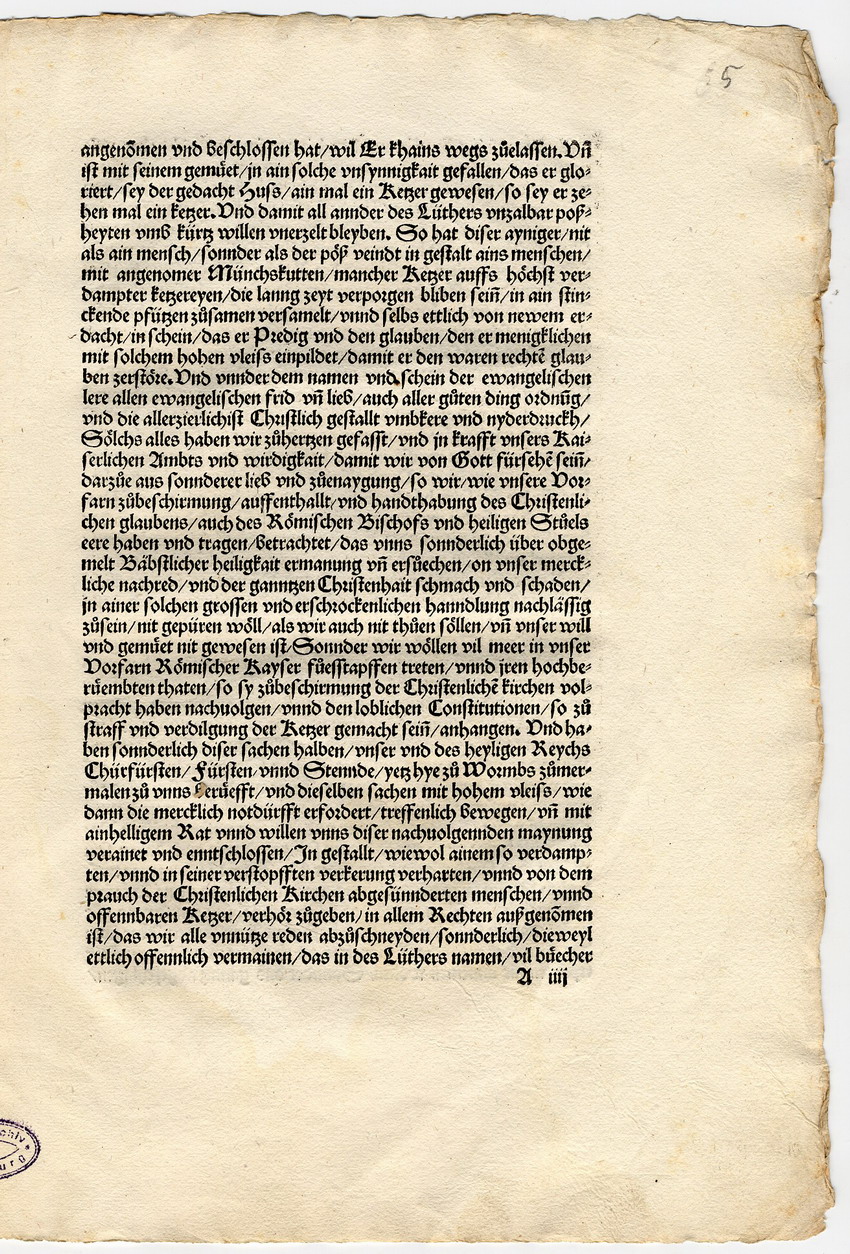 Das Wormser Edikt Kaiser Karls V. gegen Luther, 26. Mai 1521 [Druckfassung 1521 mit Begleitbrief Kaiser Karls V.]