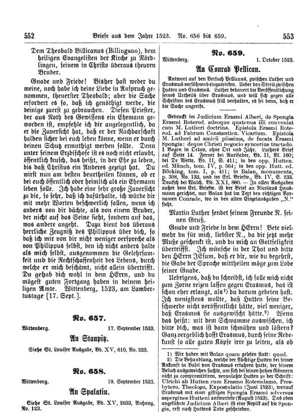 Martin Luther an Konrad Pellican zu Basel über die Angriffe von Hutten und Erasmus von Rotterdam auf ihn und seine Anhänger, 1. Oktober 1523