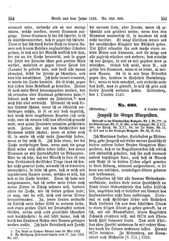 Martin Luther an Konrad Pellican zu Basel über die Angriffe von Hutten und Erasmus von Rotterdam auf ihn und seine Anhänger, 1. Oktober 1523