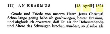 Luther wirft Erasmus vor, mit seinen letzten Schriften den Beifall der Papisten gesucht zu haben (Abschrift), 18. April 1524