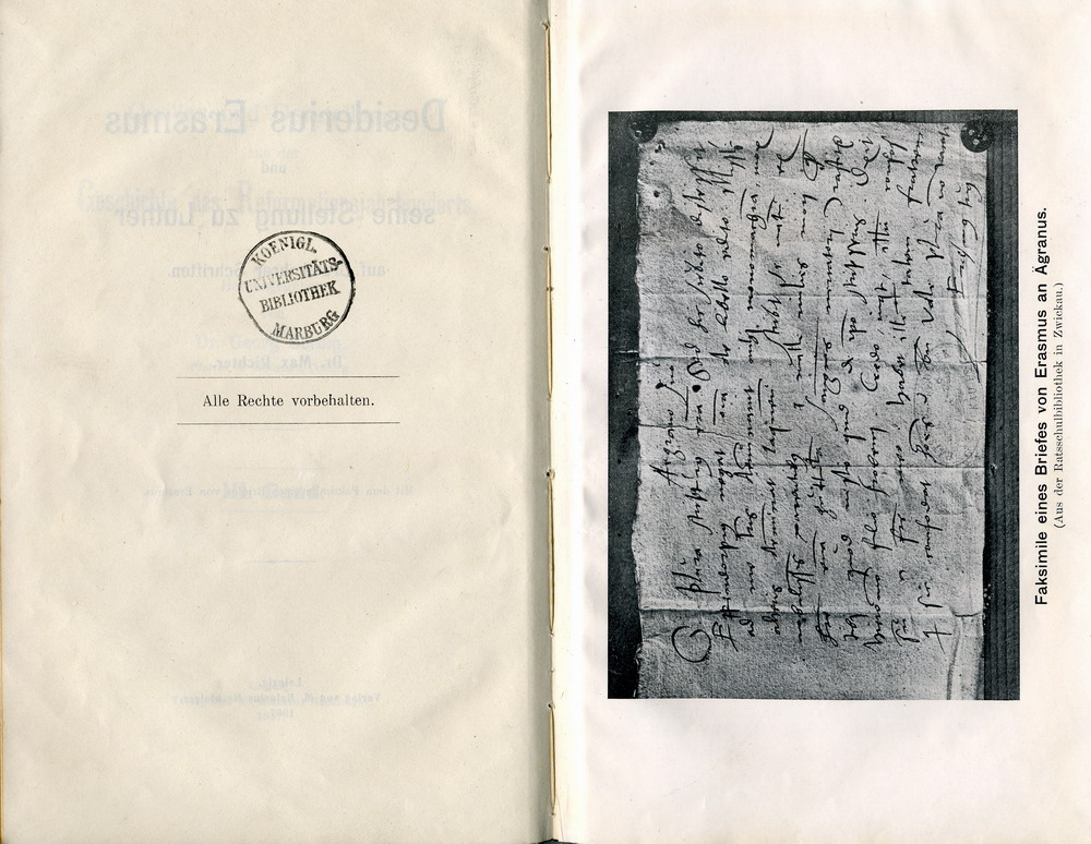 Max Richter, Desiderius Erasmus und seine Stellung zu Luther auf Grund ihrer Schriften, Leipzig 1907