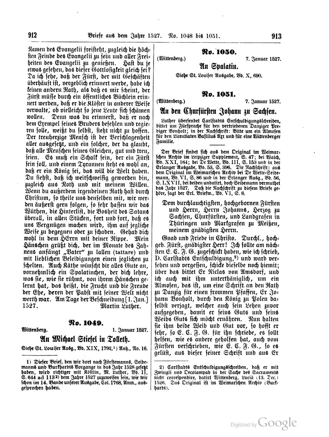 Martin Luther an Spalatin, Klage über die Unfähigkeit des Kurfürsten zur Neuordnung der Klostergüter, 1. Januar 1527