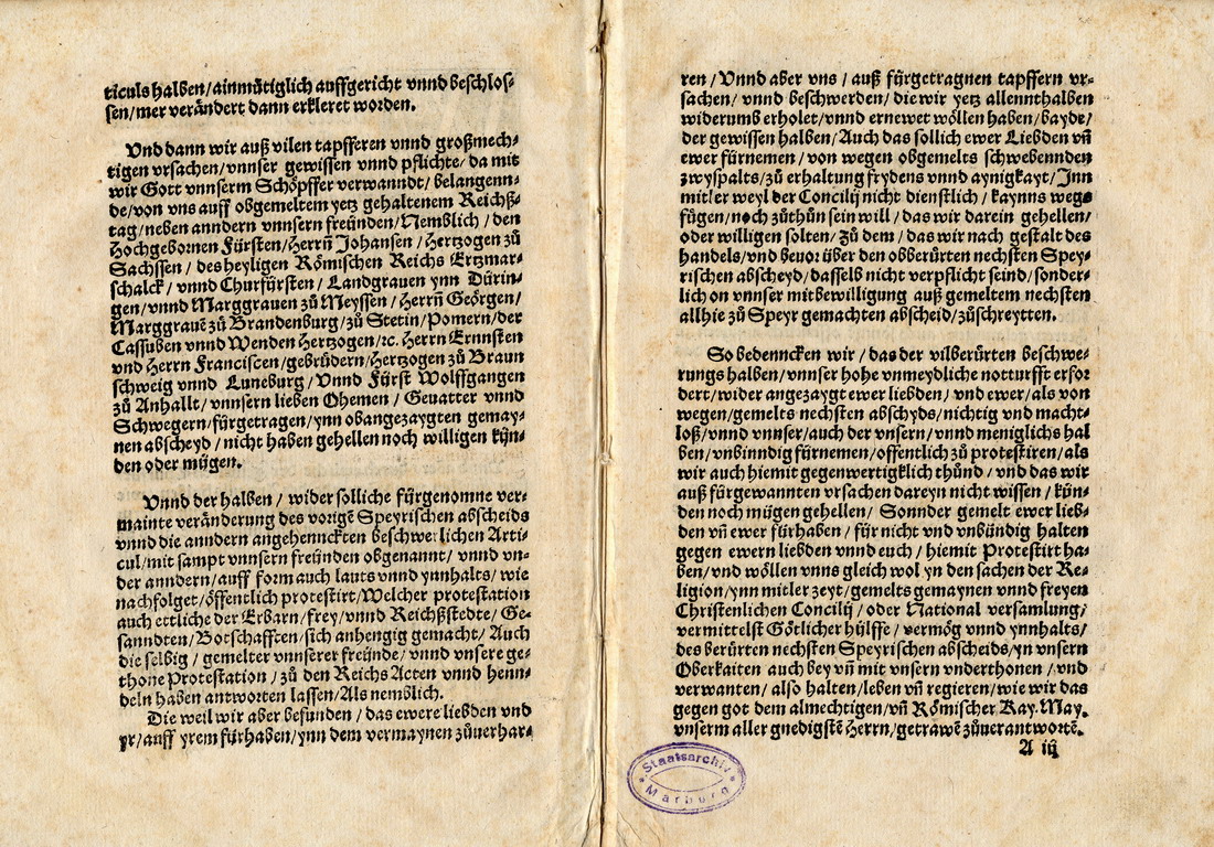 Protestation des Landgrafen Philipp von Hessen, des Kurfürsten Johann von Sachsen u.a., Druckfassung vom 5. Mai 1529