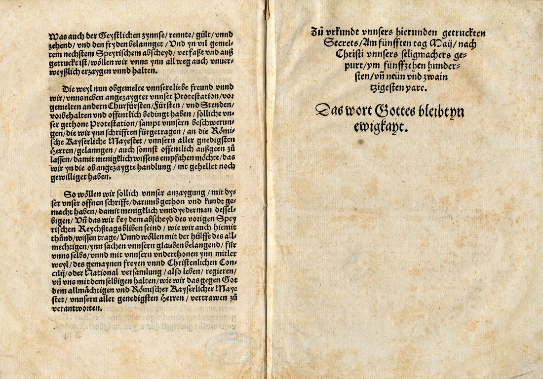 Protestation des Landgrafen Philipp von Hessen, des Kurfürsten Johann von Sachsen u.a., Druckfassung vom 5. Mai 1529