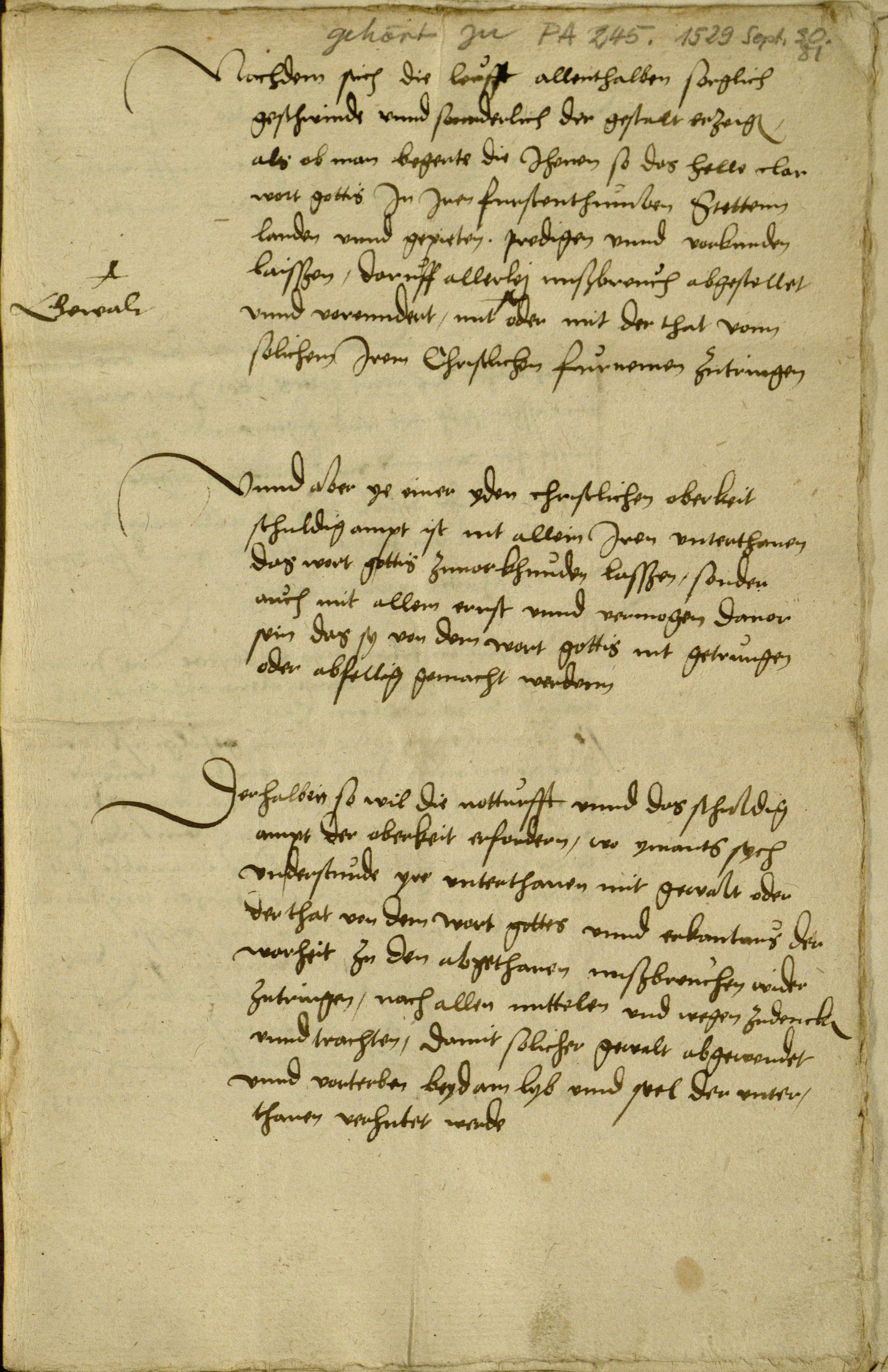 "Christliches Verständnis" - Bündnisvertrag (Entwurf) des Landgrafen Philipp von Hessen mit Zwingli (Zürich), Basel und Straßburg vom 30. September 1529