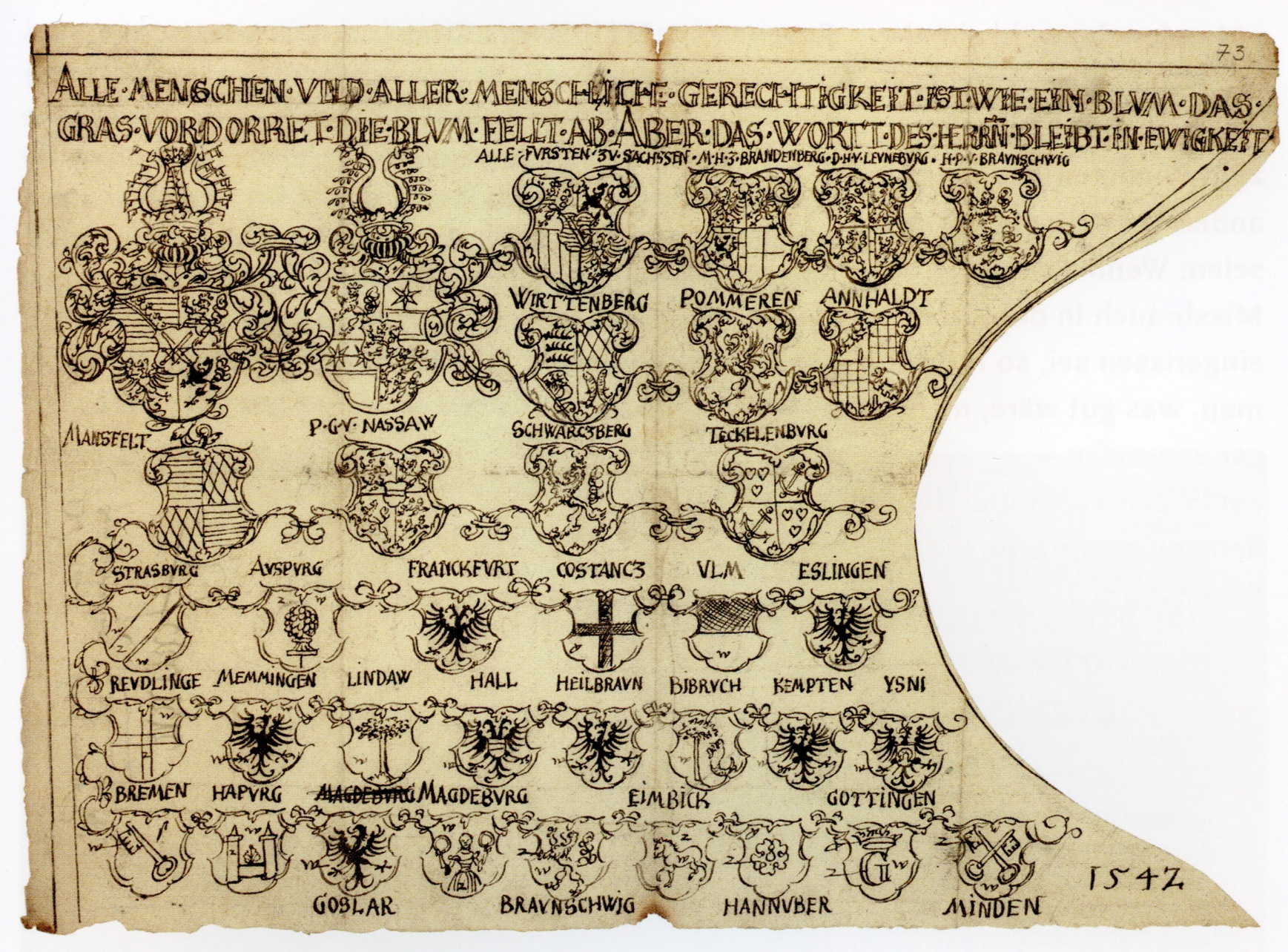 Schmalkaldische Bundesfahne mit dem Wappen der 36 Bundesmitglieder, 1542