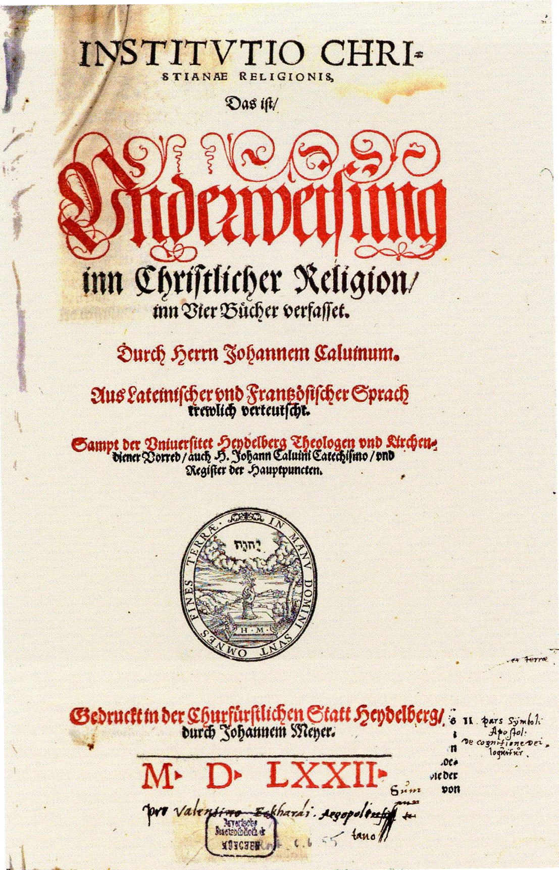 Johannes Clavin, Institutio Christianae Religionis, Heidelberg 1572 (Titelblatt)