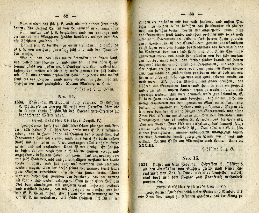 Ratschlag Landgraf Philipps von Hessen an Herzog Albrecht von Preussen über die in seinem Lande hinsichtlich des Sakramentsstreites zu beobachtende Mittelstraße, Kassel, Mittwoch nach Laetare, 18. März 1534