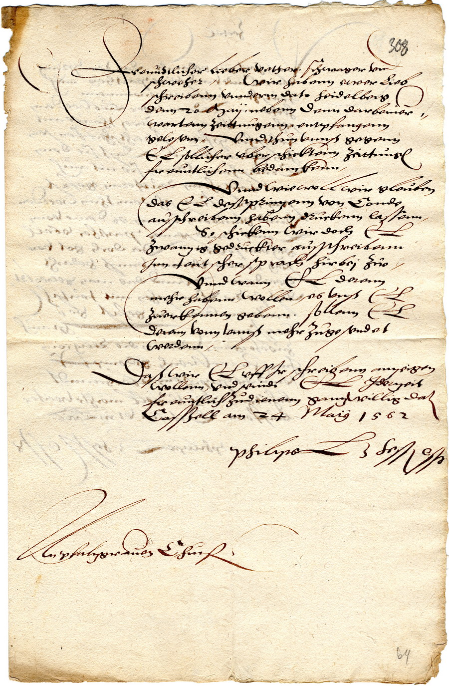 Landgraf Philipp von Hessen an Kurfürst Friedrich III. von der Pfalz, 24. Mai 1562 Cassel
