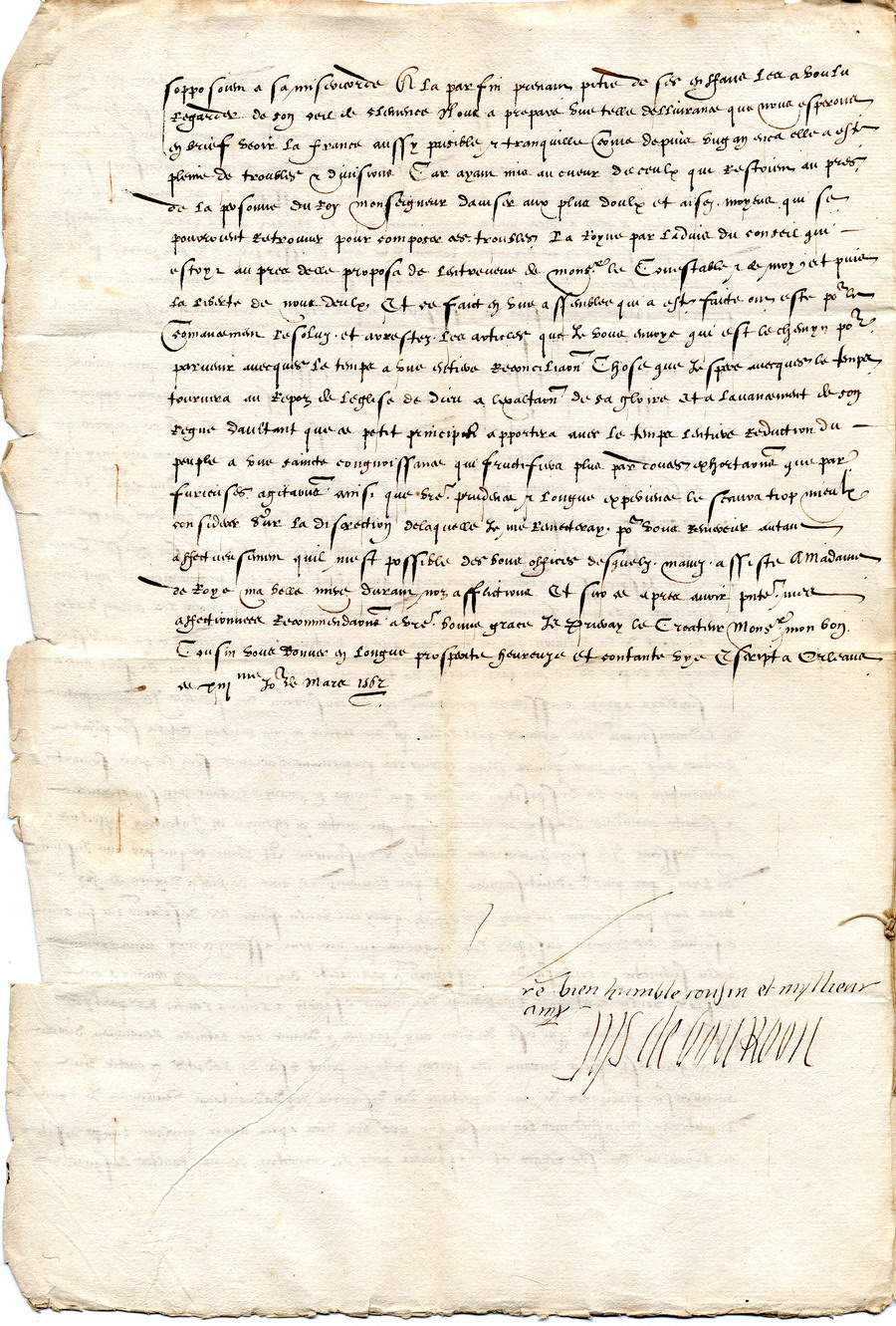 Louis I. de Bourbon, Prinz von Condé [Ludwig von Bourbon]  an Landgraf Philipp von Hessen, mit Conditionis pacis,13. März 1563 (Orleans)