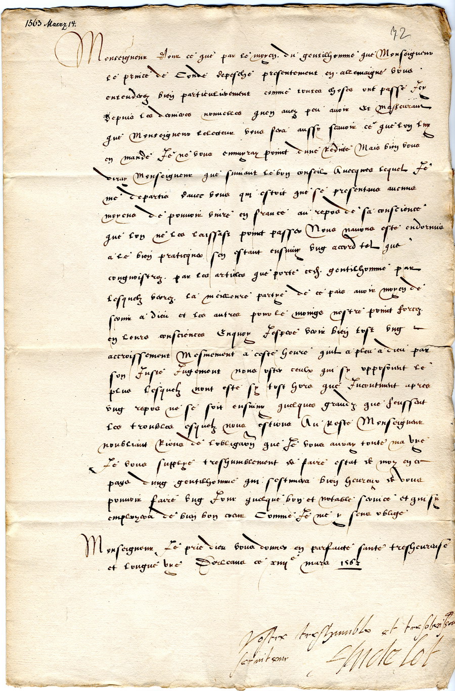 François de Coligny-d’Andelot an Landgraf Philipp von Hessen, 14. März 1563