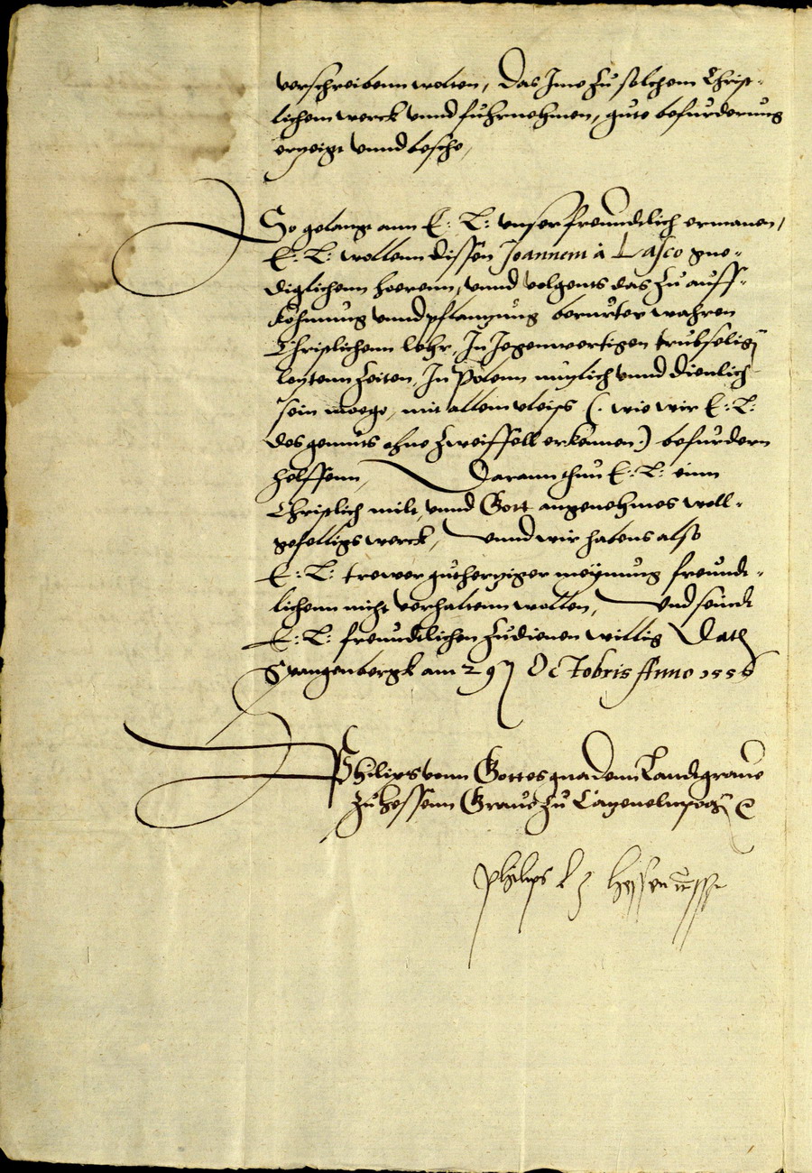 Landgraf Philipp von Hessen an Kurfürst August von Sachsen, mit der Bitte um Unterstützung von Johannes Lasco bei der Verbreitung der evangelischen Lehre in Polen, 1556 Oktober 29