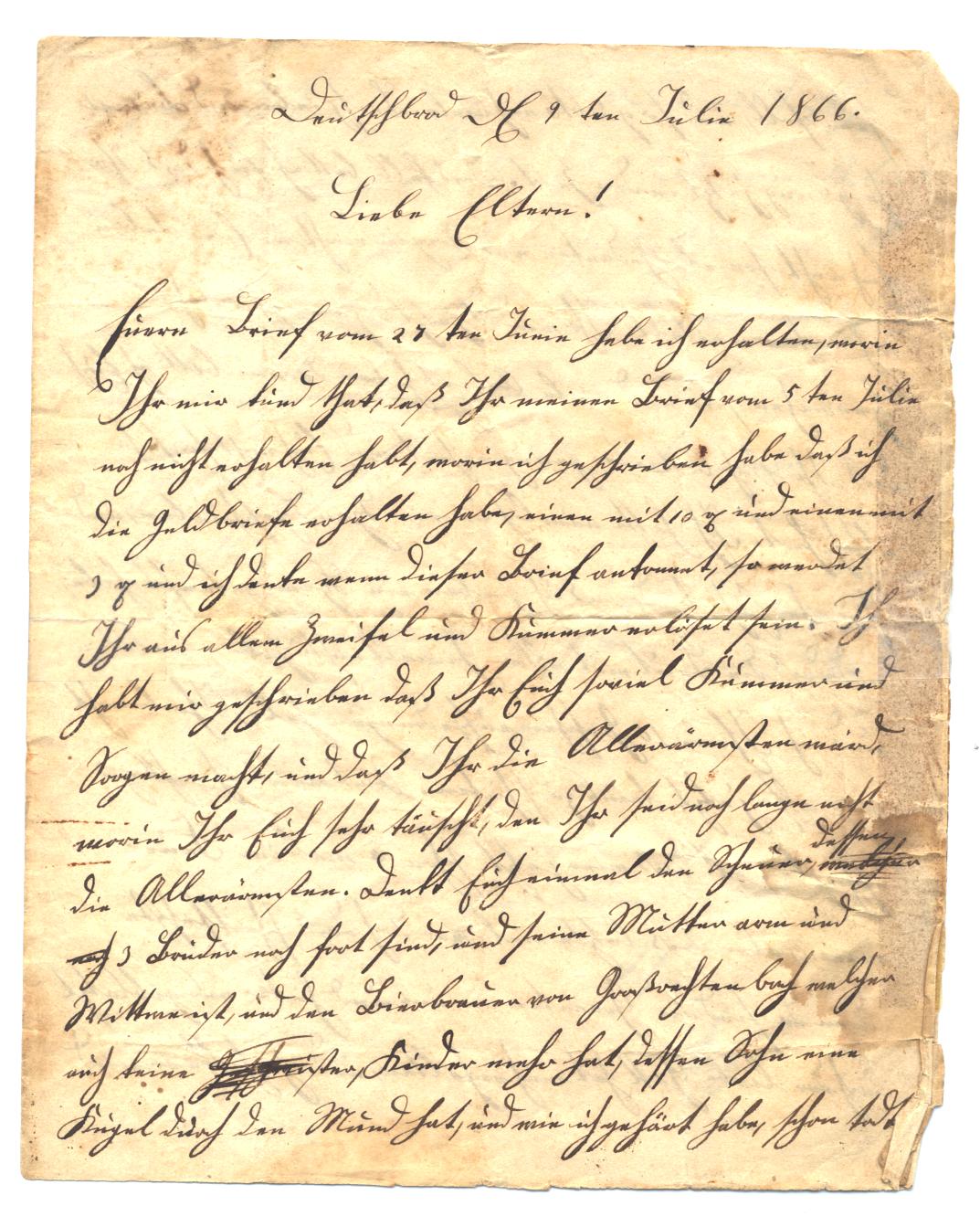 Brief vom 9. Juli 1866 aus Deutschbrod