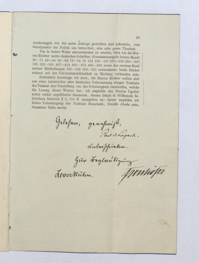 Gutachten Paul de Lagardes (1827-1891) im Marburger Fenner-Prozess, Göttingen 1887
