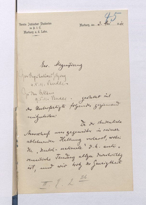 Gründung eines Vereins jüdischer Studenten an der Universität Marburg im Jahr 1906. Gesuch der Studierenden.