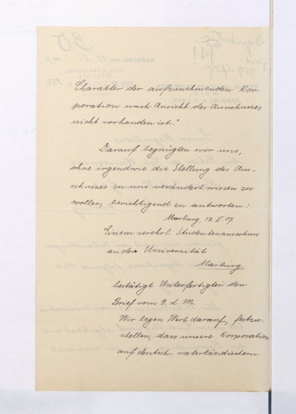 Gründung eines Vereins jüdischer Studenten an der Universität Marburg im Jahr 1906. Gesuch der Studierenden.