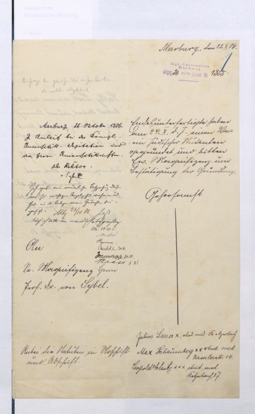 Gründung eines Vereins jüdischer Studenten an der Universität Marburg im Jahr 1906. Gesuch der Studierenden.