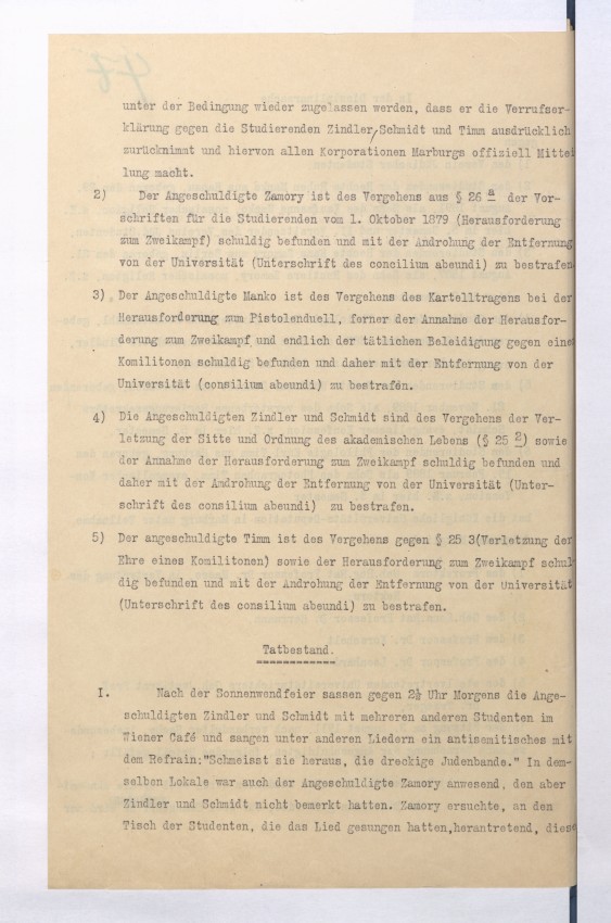 Gründung eines Vereins jüdischer Studenten an der Universität Marburg im Jahr 1906. Stellungnahme des Universitätsrichters Dr. Theodor Jeß.