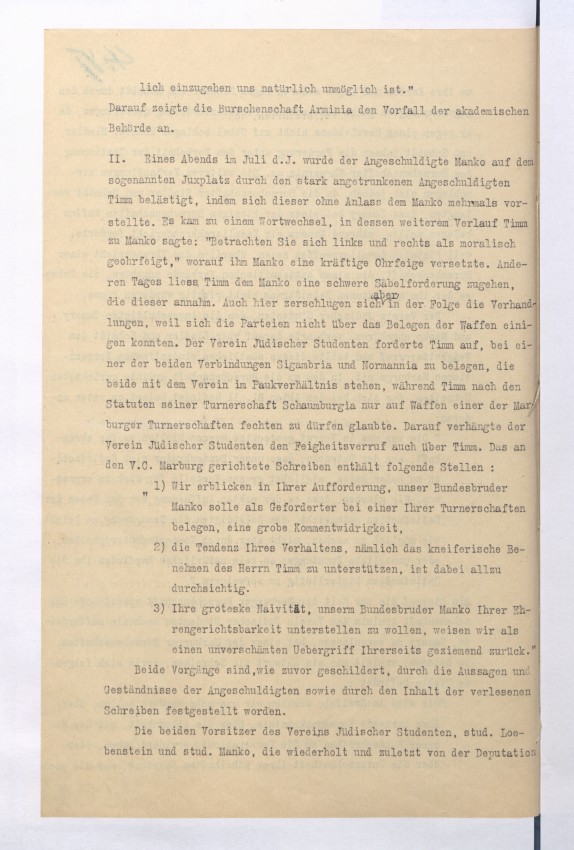Gründung eines Vereins jüdischer Studenten an der Universität Marburg im Jahr 1906. Stellungnahme des Universitätsrichters Dr. Theodor Jeß.
