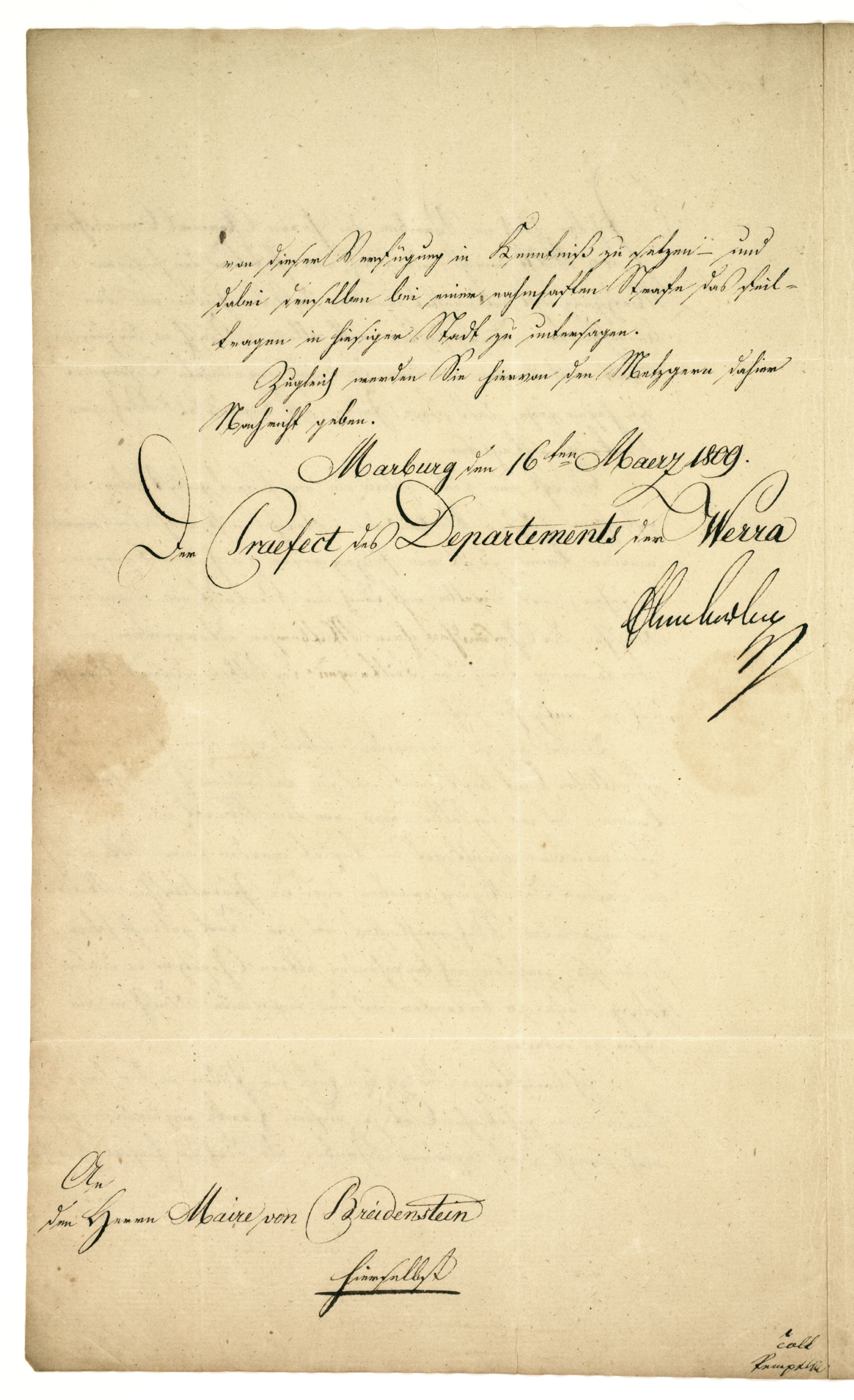 Schreiben des Präfekten des Departements der Werra an den Herrn Maire von Breidenstein, Marburg