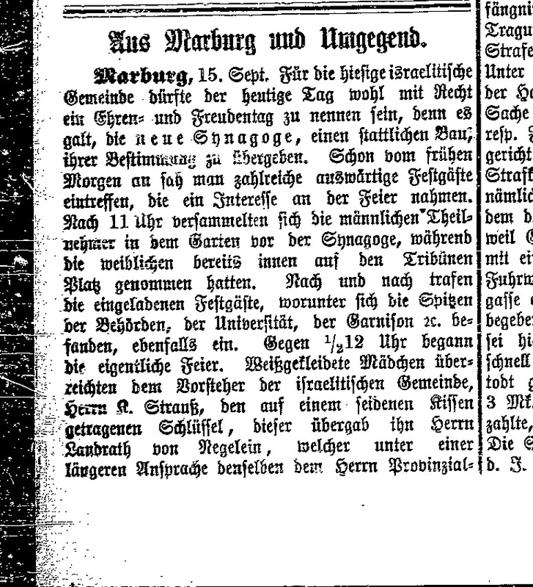 Zeitungsbericht über die Einweihung der Synagoge