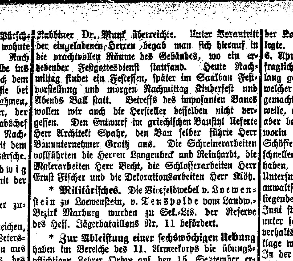 Zeitungsbericht über die Einweihung der Synagoge