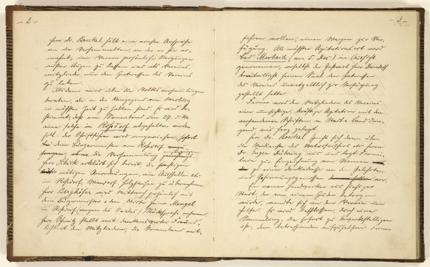 Handschriftliches Protokoll: Agitation in der Region 1886/87 im Vorfeld der Reichstagswahl 1887, gespiegelt im Protokollbuch des Deutschen Reformvereins Marburg