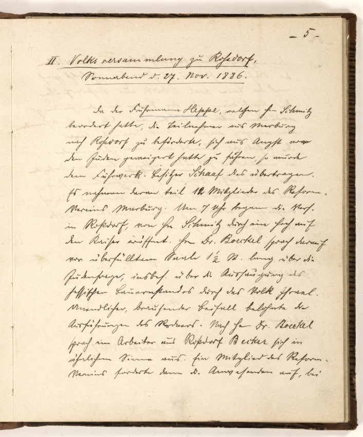 Handschriftliches Protokoll: Agitation in der Region 1886/87 im Vorfeld der Reichstagswahl 1887, gespiegelt im Protokollbuch des Deutschen Reformvereins Marburg