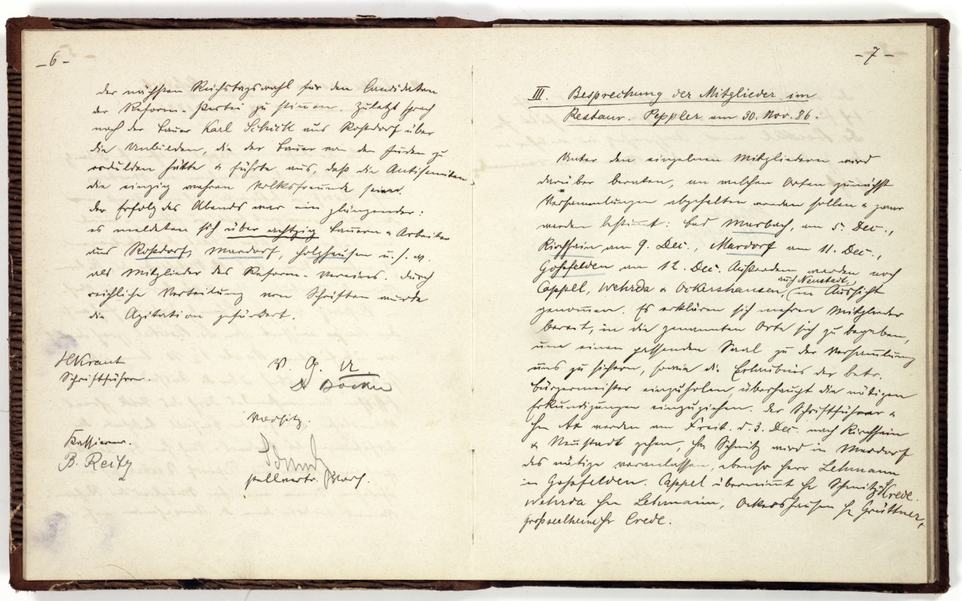 Handschriftliches Protokoll: Agitation in der Region 1886/87 im Vorfeld der Reichstagswahl 1887, gespiegelt im Protokollbuch des Deutschen Reformvereins Marburg