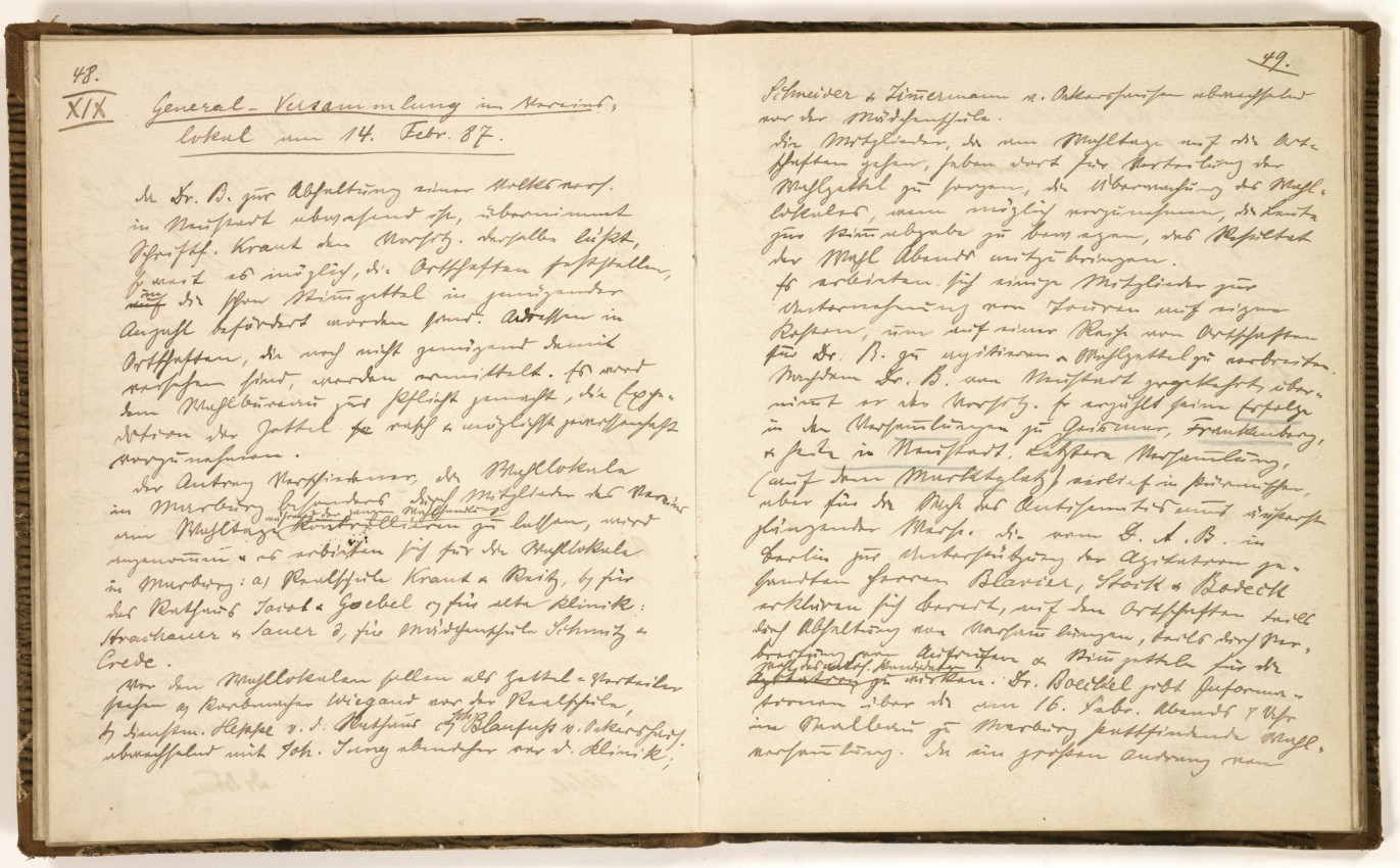 Handschriftliches Protokoll: Agitation in der Region 1886/87 im Vorfeld der Reichstagswahl 1887, gespiegelt im Protokollbuch des Deutschen Reformvereins Marburg