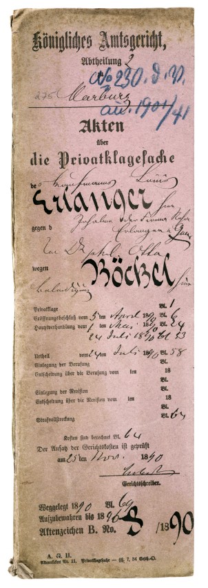 Juristische Gegenwehr: Verleumderischer Artikel im Reichs-Herold über das Marburger Geschäftshaus Erlanger und Privatklage des Kaufmanns Louis Erlanger, Inh. der Fa. Rosa Erlanger, und des Handlungsgehilfen Siegmund Gottschalk, beide Marburg, gegen Otto B