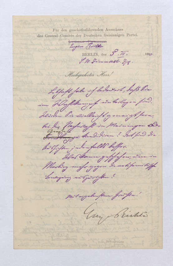 Entwurf eines Schreibens Prof. Edmund Max Stengels an den Reichstagsabgeordneten der Freisinnigen Patrei Eugen Richter zur Bekämpfung der Antisemitischen Partei Böckels, Anfang März 1890