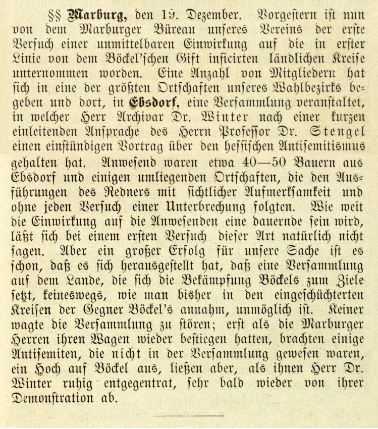 Bericht über die erste Versammlung des Vereins zur Abwehr des Antisemitismus in Marburg am 29. Oktober 1891