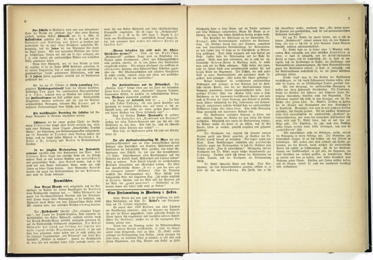 Bericht über die erste Versammlung des Vereins zur Abwehr des Antisemitismus in Marburg am 29. Oktober 1891
