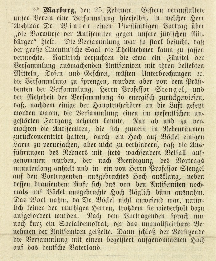 Bericht über die erste Versammlung des Vereins zur Abwehr des Antisemitismus in Marburg am 29. Oktober 1891