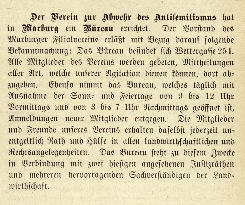 Bericht über die erste Versammlung des Vereins zur Abwehr des Antisemitismus in Marburg am 29. Oktober 1891