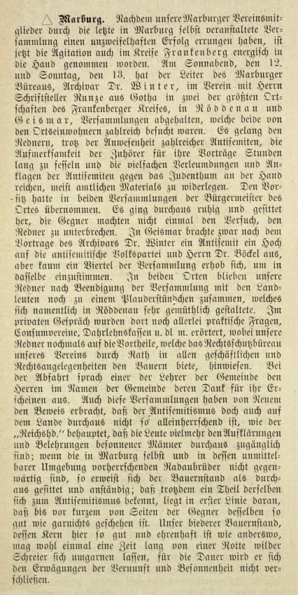 Bericht über die erste Versammlung des Vereins zur Abwehr des Antisemitismus in Marburg am 29. Oktober 1891
