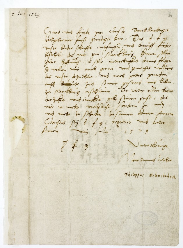Antwortschreiben Martin Luthers und Philipp Melanchthons an Landgraf Philipp vom 8. Juli 1529